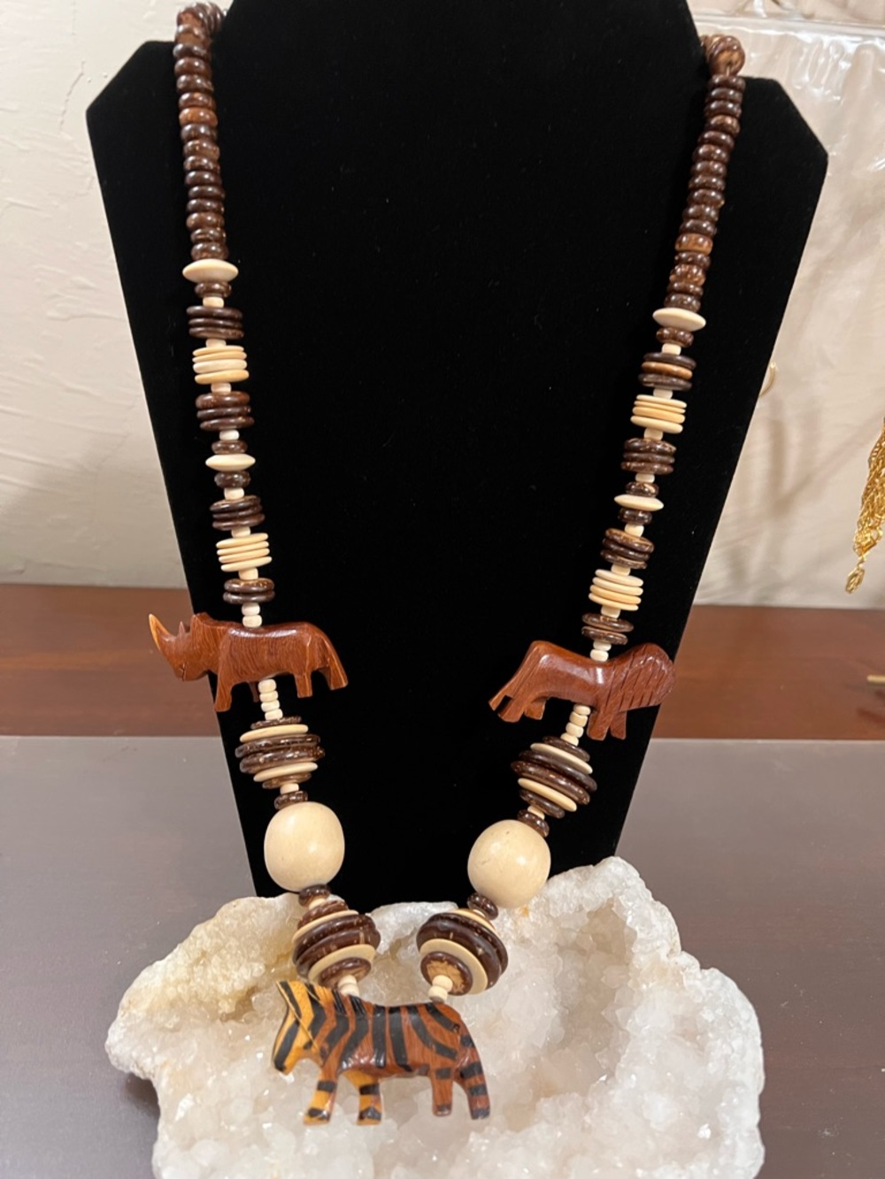 Safari Tribal Animal Artisan STATEMENT Necklace, 30”, Wood & Coconut Heishi